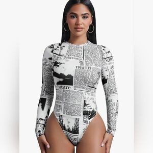 Black and white newspaper print bodysuit